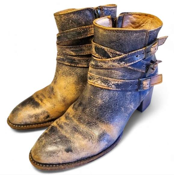 BED|STU Cobbler Begin Blk/Tan Leather Strappy Buckle Distressed Heeled Booties 9 - Picture 1 of 16
